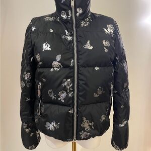 Michael Kors Black Metallic Flower Print Down Puffer Jacket Size S